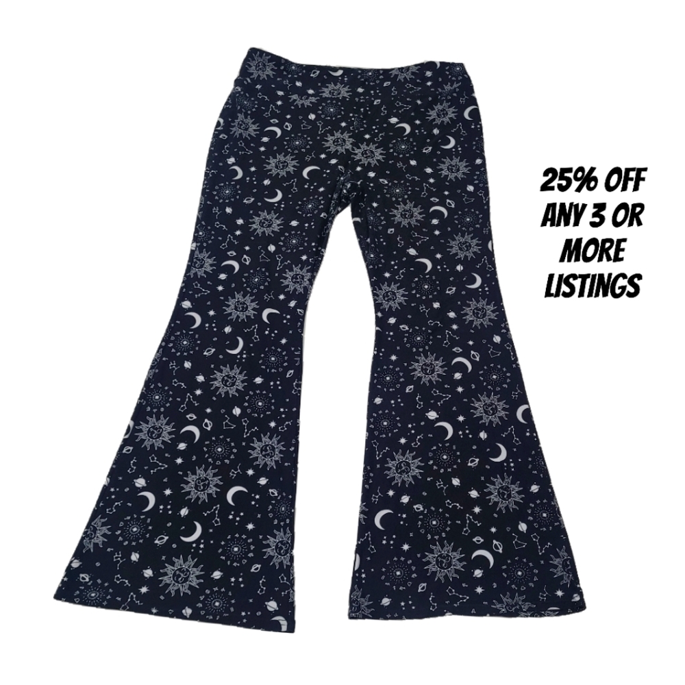 Flare Leggings Size Small Sun Moon Star Celestial Wide Leg Pant Print Bell Sky